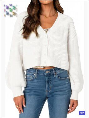 Chunky Knit Cropped Cardigan Sweater V Neck Button Open Front Oversized